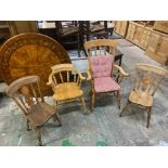 Pine Farmhouse style Grandfather chair & Pine Farmhouse Captains Arm Chair together with 2 Pine