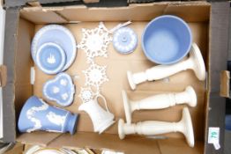 A collection of Wedgwood to include jasperware planter, vase, snow flake Christmas decorations ,