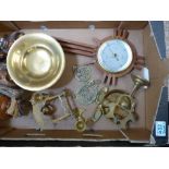 A mixed collection of brass ware to include small dinner gong, brass bowl, novelty table lighter,