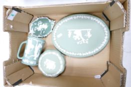 Wedgwood green jasper ware plaque and lidded pot together with Adams jug and small plaque