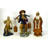 Three Large Chinese Mud Man Figures including Fisherman, Immortal & Warrior, tallest 34cm(3)