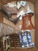 A mixed collection of items to include collectors spoons, glass vases, mother of pearl purse,