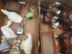 A mixed collection of items to include Beswick 818 shire horse and cart , similar pottery horses,