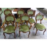 Quality set of 6 Italian Ornatley carved dining chairs with Green Velour Upholstery (4 chairs, 2