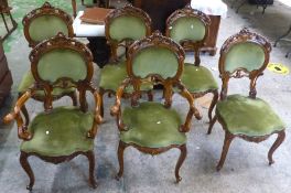 Quality set of 6 Italian Ornatley carved dining chairs with Green Velour Upholstery (4 chairs, 2
