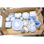 Wedgwood jasper ware to include lidded pots, vases, lighter, pin dishes, plate etc ( 1 tray)
