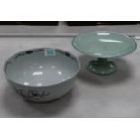 Wedgwood Orient line footed cake stand together with a grey Pheasant patterned fruit bowl. (2)