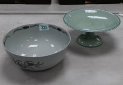 Wedgwood Orient line footed cake stand together with a grey Pheasant patterned fruit bowl. (2)