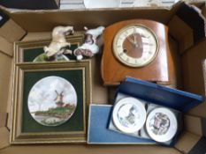 A mixed collection of items to include smiths mid century mantle clock, framed cameo plaques,