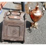 Victorian wooden coal scuttle together with copper Samovar