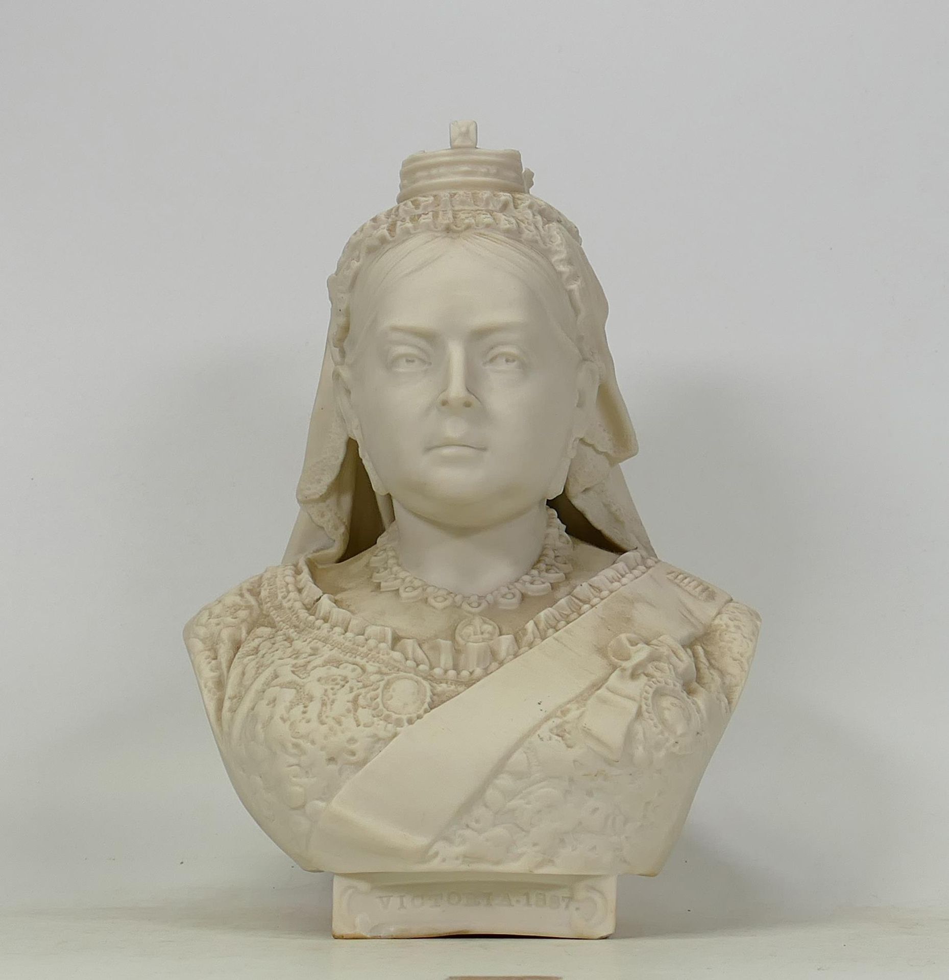 Turner & Wood Parian Bust of Queen Victoria, damaged crown, height 24cm