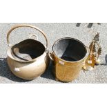 One brass coal scuttle, one coal bucket together with fireside companion set