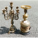 Brass Gohic type Candlestick & converted oil lamp(2)