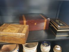 Two Inlaid Antique Jewellery Boxes together with similar metal strong box, largest 35.5cm in