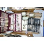A collection of cased cutlery, two silver plates goblets & Wedgwood type glass paperweight