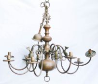 Vintage Flemish Style Brass & Copper 8 branch chandelier, diameter 78cm