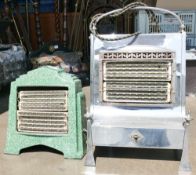 Two vintage heaters, one chrome, the other in green enamel