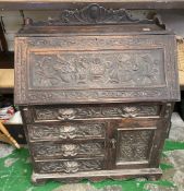 Late 19th Century Anglo Indian profusely carved Bureau with carved dragon detail 92cm W x 112cm