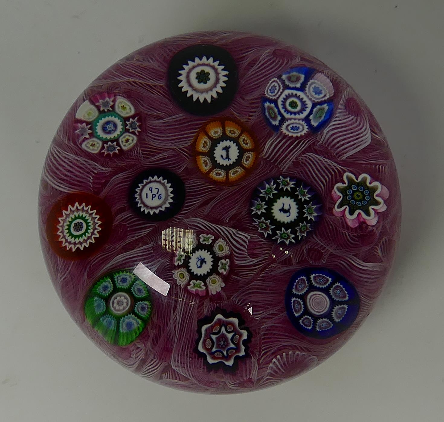 P1976 Millefiori glass paperweight decorated within canes P1976, Cat, Robin & Dog, diameter 7cm