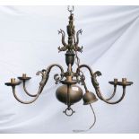 Vintage Flemish Style Brass & Copper 6 branch chandelier, diameter 83cm