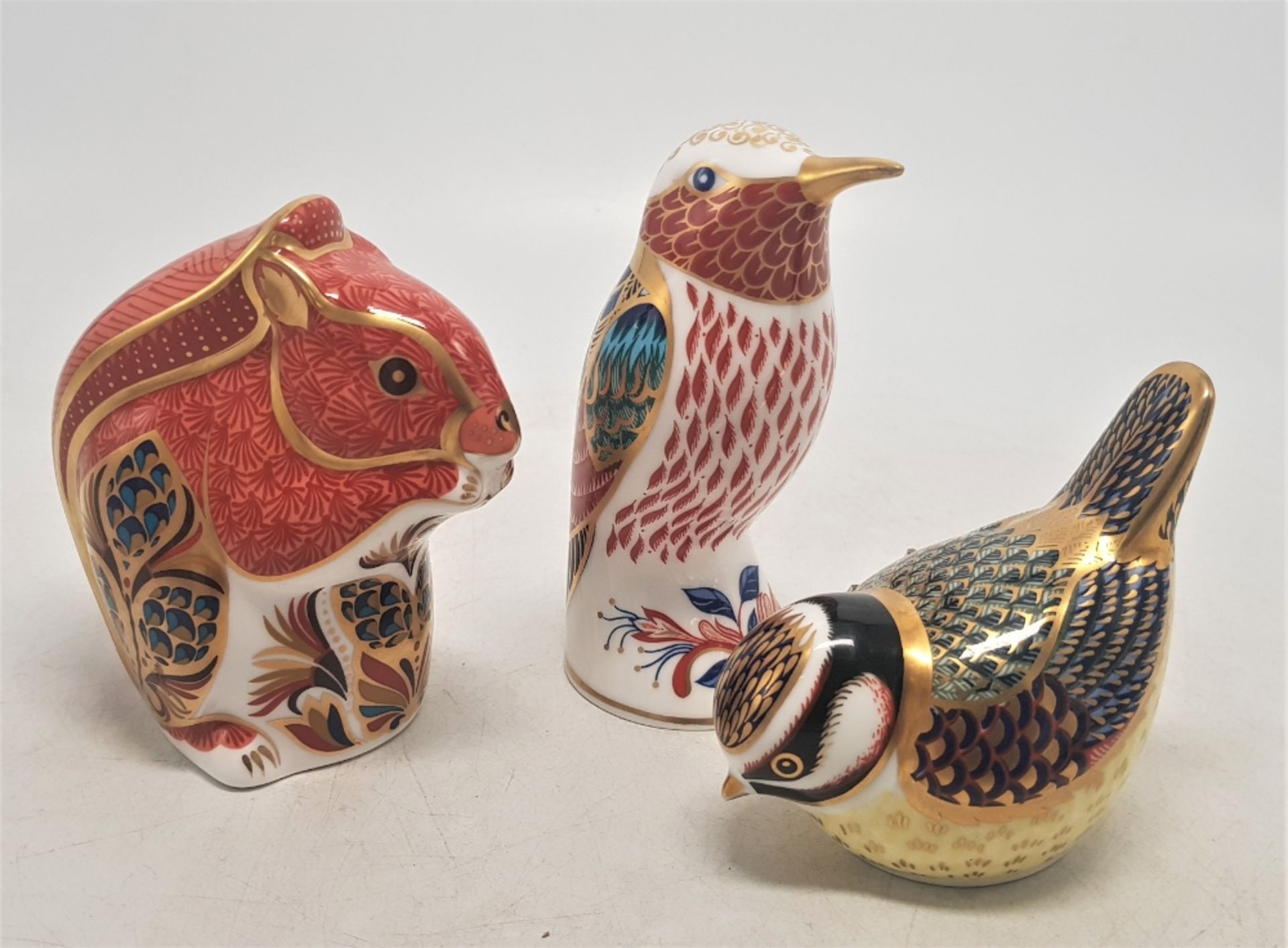 Royal Crown Derby Paperweights Squirrel with Gold Stopper, Blue tit with Gold Stopper & Humming Bird