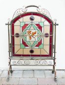 Copper and Brass framed stained glass fire screen. height 83 width 53cm