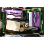 A mixed collection of items to include bone brush set, modern pen set, Arthur Price silver plated
