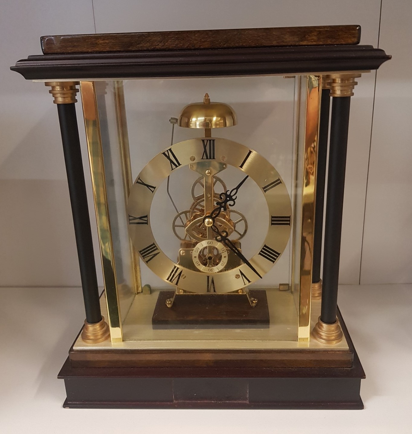 Wooden Cased Skeleton Clock, height of case 29cm