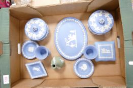 A collection of Wedgwood Jasperware to include , lidded circular boxes, vases, oval platter etc