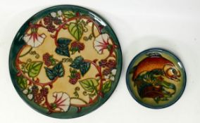 Moorcroft 1998 year plate together with a small trout pin dish. (2)