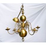 Vintage Flemish Style Brass & Copper 6 branch chandelier, diameter 70cm