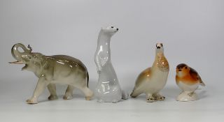 Four Russian Pottery Figures including Robin, Stoat, Elephant & Quail, tallest 19cm(4)