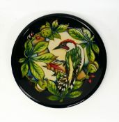 Moorcroft Inglewood charger decorated with a Lester spotted woodpecker. Dated 2002, diameter 26cm