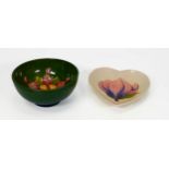 Moorcroft Orchid on green ground bowl,(d11cm) & cream heart shaped dish(2)