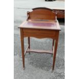 Edwardian small writing desk with marquetry inlay and fitted ink and pen recess. H:90cm x L:53cm x