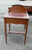 Edwardian small writing desk with marquetry inlay and fitted ink and pen recess. H:90cm x L:53cm x