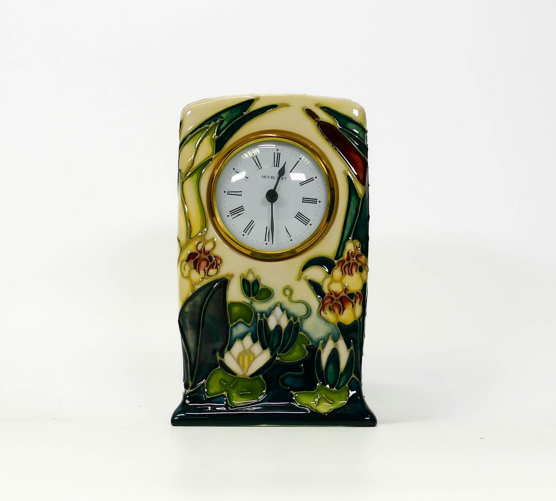 Moorcroft Lamia mantle clock. Dated 1995 , height 16cm. Some crazing