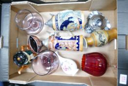 A mixed collection of items to include German Beer Stiens, Wedgwood type glassware etc