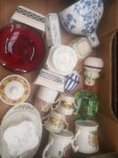 A mixed collection of ceramic items to include Aynsley loving cups, Royal Doulton Flambe plate