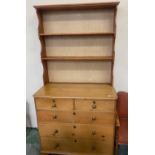 Pine chest of 2 short / 3 Long drawers with later plate rack above 106cm W, 79cm H