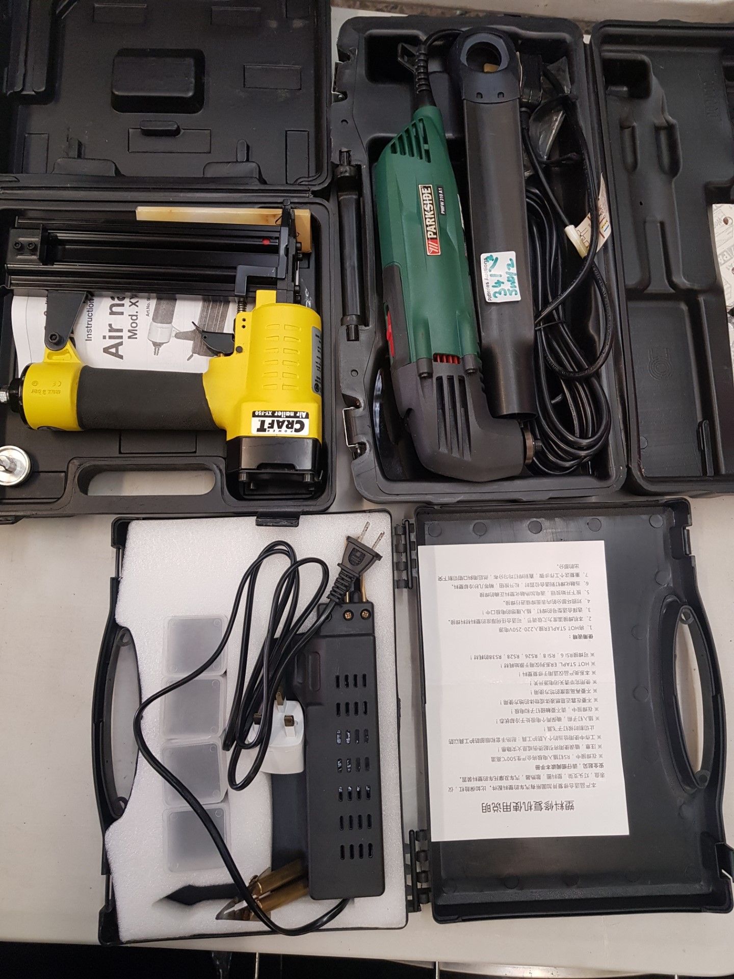 Cased Powecraft Air Nailer Model XYF50 Together With Parkside PMFW 310 A1 Cased Multi Tool & a Cased