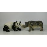 Large Mid Century Melba Ware Panda & Rhinoceros, largest length 29cm(2)