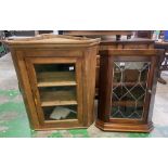 Two Oak Wall hanging Display Corner Cabinets Size of Largest 77cm W x 89cm H