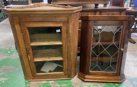 Two Oak Wall hanging Display Corner Cabinets Size of Largest 77cm W x 89cm H