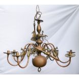 Vintage Flemish Style Brass & Copper 8 branch chandelier, diameter 86cm