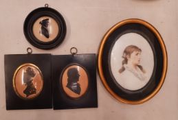 An interesting group of items to include a handpainted on ceramic portrait of a young lady, a