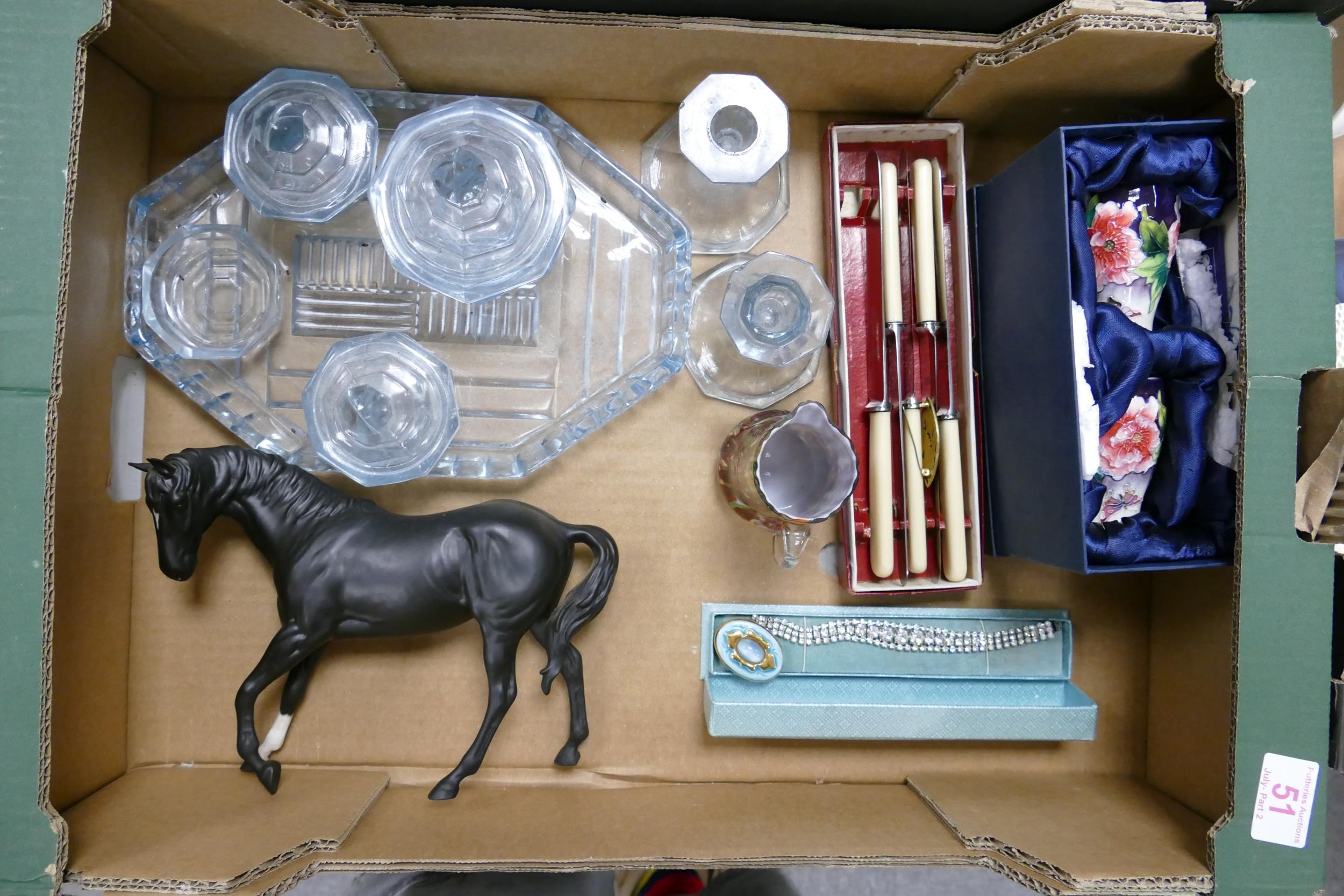 A mixed collection of items to include Beswick Black Beauty figure, Art Deco Dressing Table set, Old