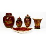 A collection of Crown Devon & Carltonware Rouge Royale patterned items including lidded pots, ginger