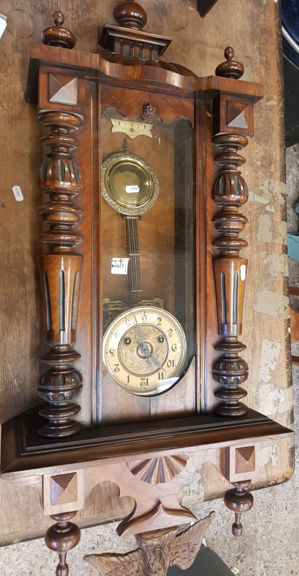 Early 20th Century Mahogany Vienna type wall Clock 100cm H