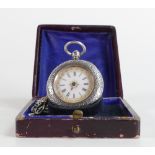 Early 20th century French ladies silver fob watch with Silver albert chain, chain 28g.